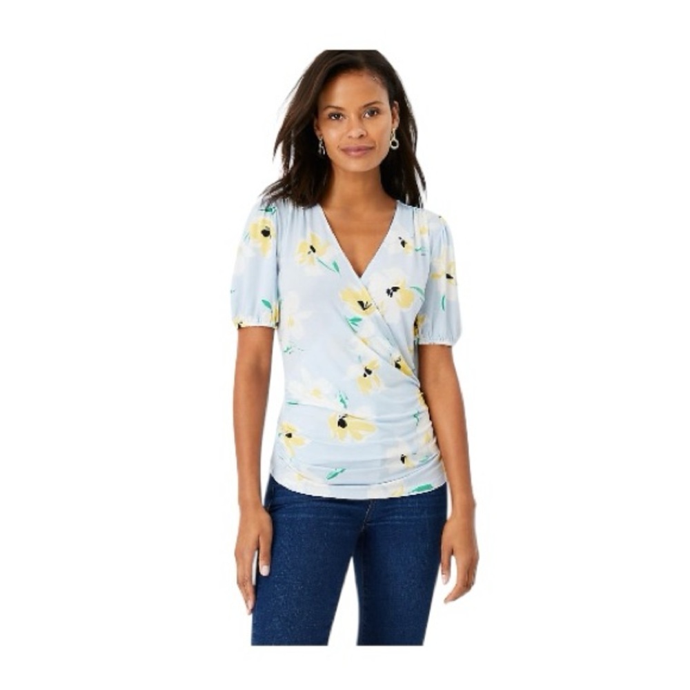 Ann Taylor Light Blue Floral Wrap-Style Blouse